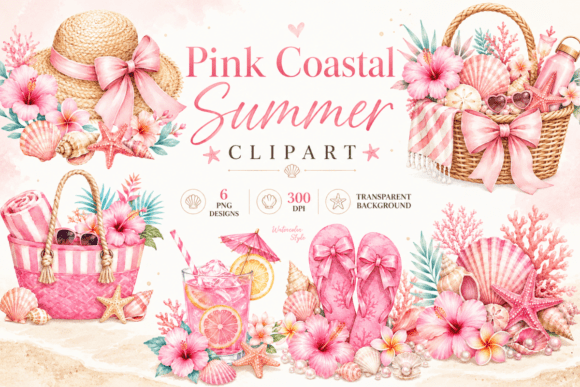 Download Pink Coastal Summer Watercolor Clipart - Summer watercolor Collection